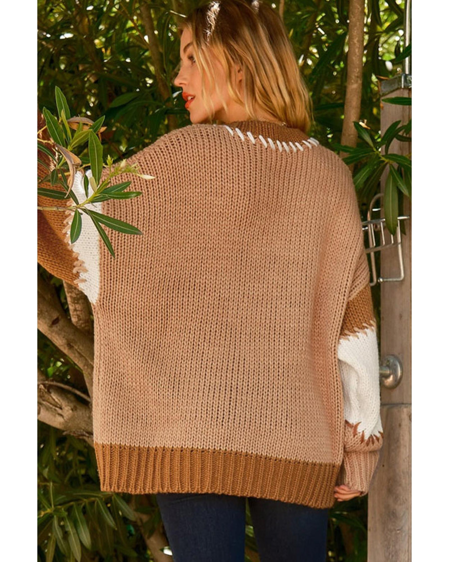 Light French Beige Color Block Contrast Stitch Oversized Sweater - M