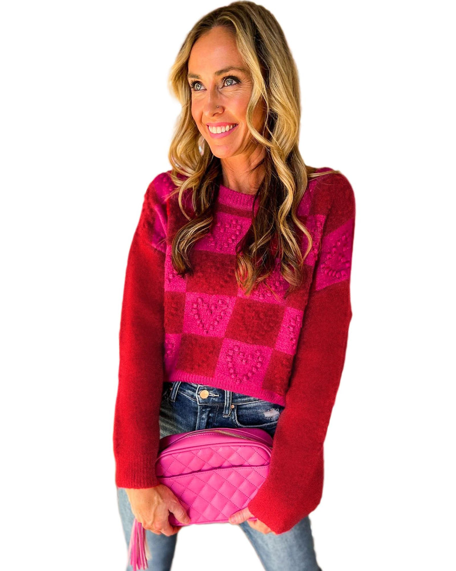 Multicolor Checkered Pattern Heart Detail Textured Sweater - XL