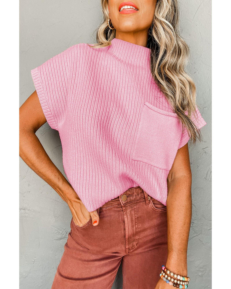 Pink Patch Pocket Ribbed Knit Short Sleeve Sweater - M