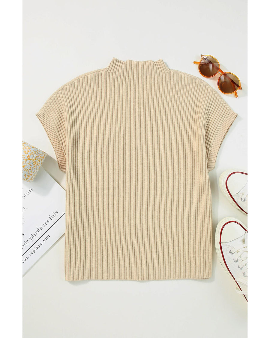 Oatmeal Patch Pocket Ribbed Knit Short Sleeve Sweater - M
