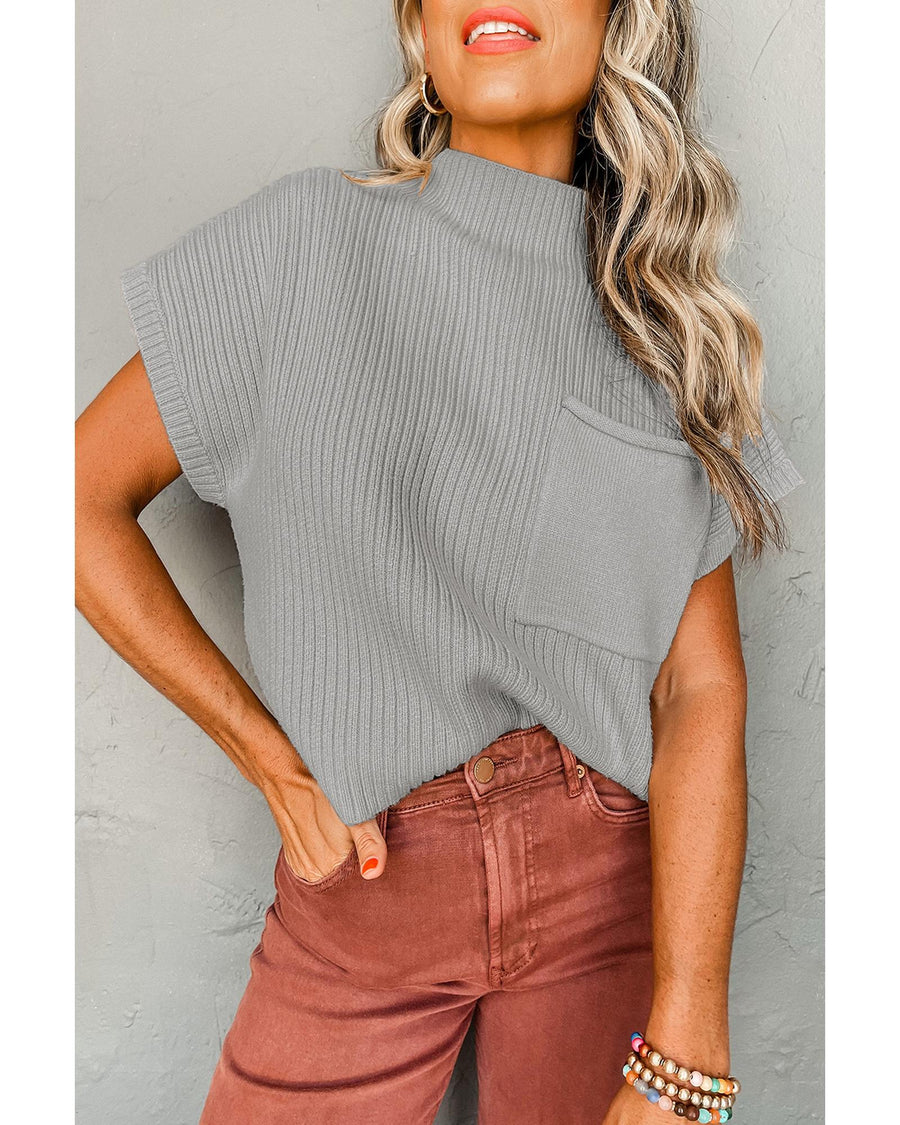Gray Patch Pocket Ribbed Knit Short Sleeve Sweater - S