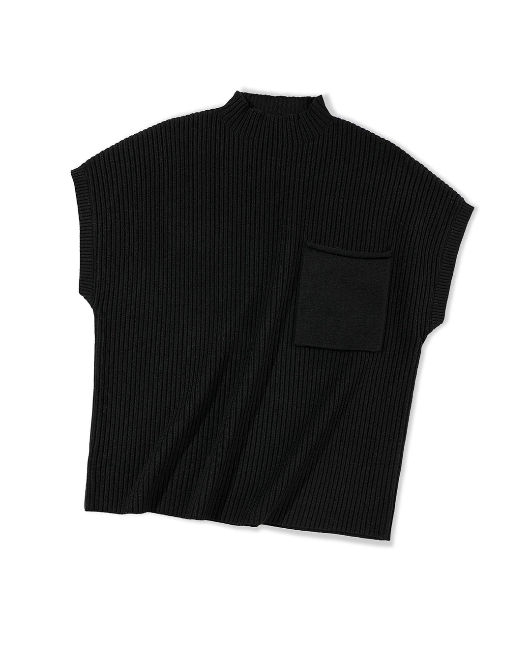 Black Patch Pocket Ribbed Knit Short Sleeve Sweater - L
