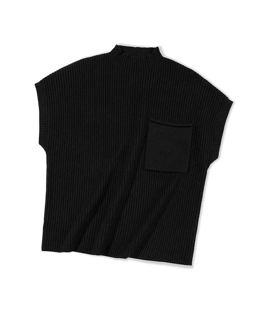 Black Patch Pocket Ribbed Knit Short Sleeve Sweater - M
