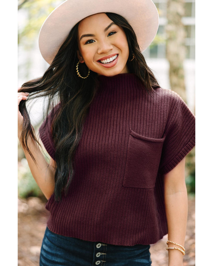 Mineral Red Patch Pocket Ribbed Knit Short Sleeve Sweater - M