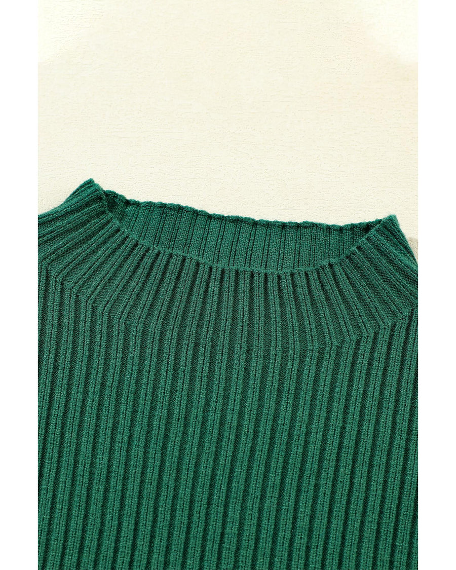 Blackish Green Patch Pocket Ribbed Knit Short Sleeve Sweater - M