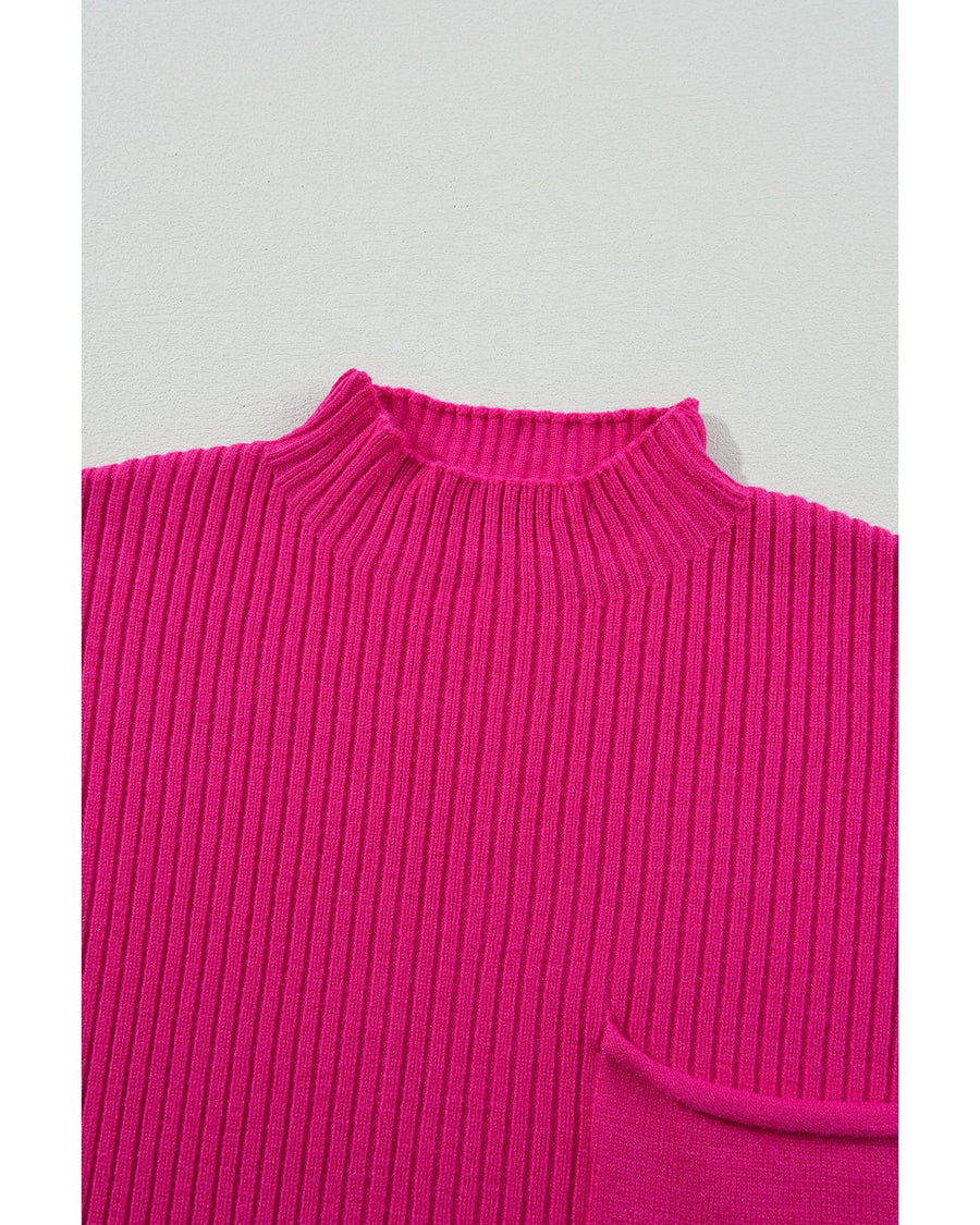 Rose Red Patch Pocket Ribbed Knit Short Sleeve Sweater - 2XL