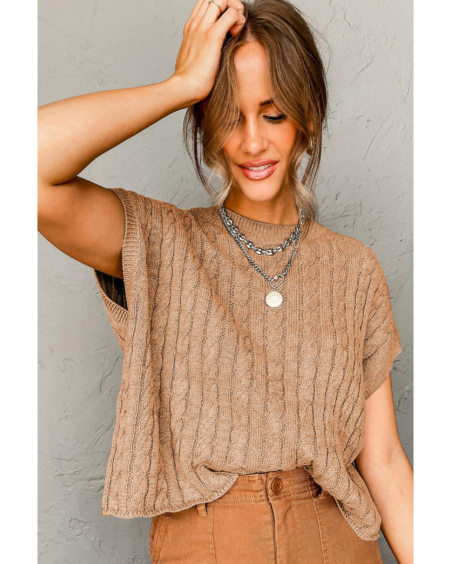 Light French Beige Crew Neck Cable Knit Short Sleeve Sweater - S