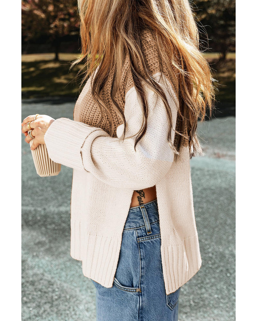 Parchment Cable Knit Color Block Side Splits High Neck Sweater - M