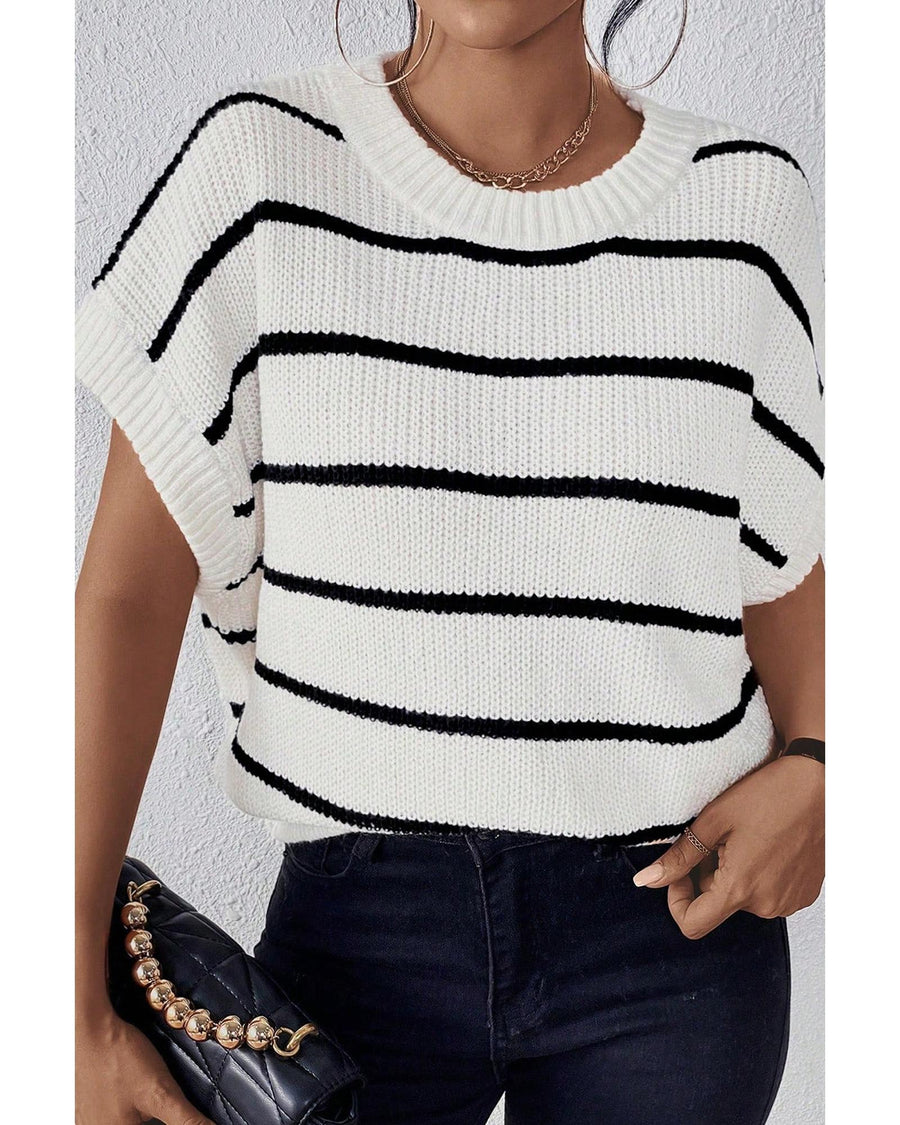 White Stripe Striped Pattern Batwing Sleeve Sweater - L