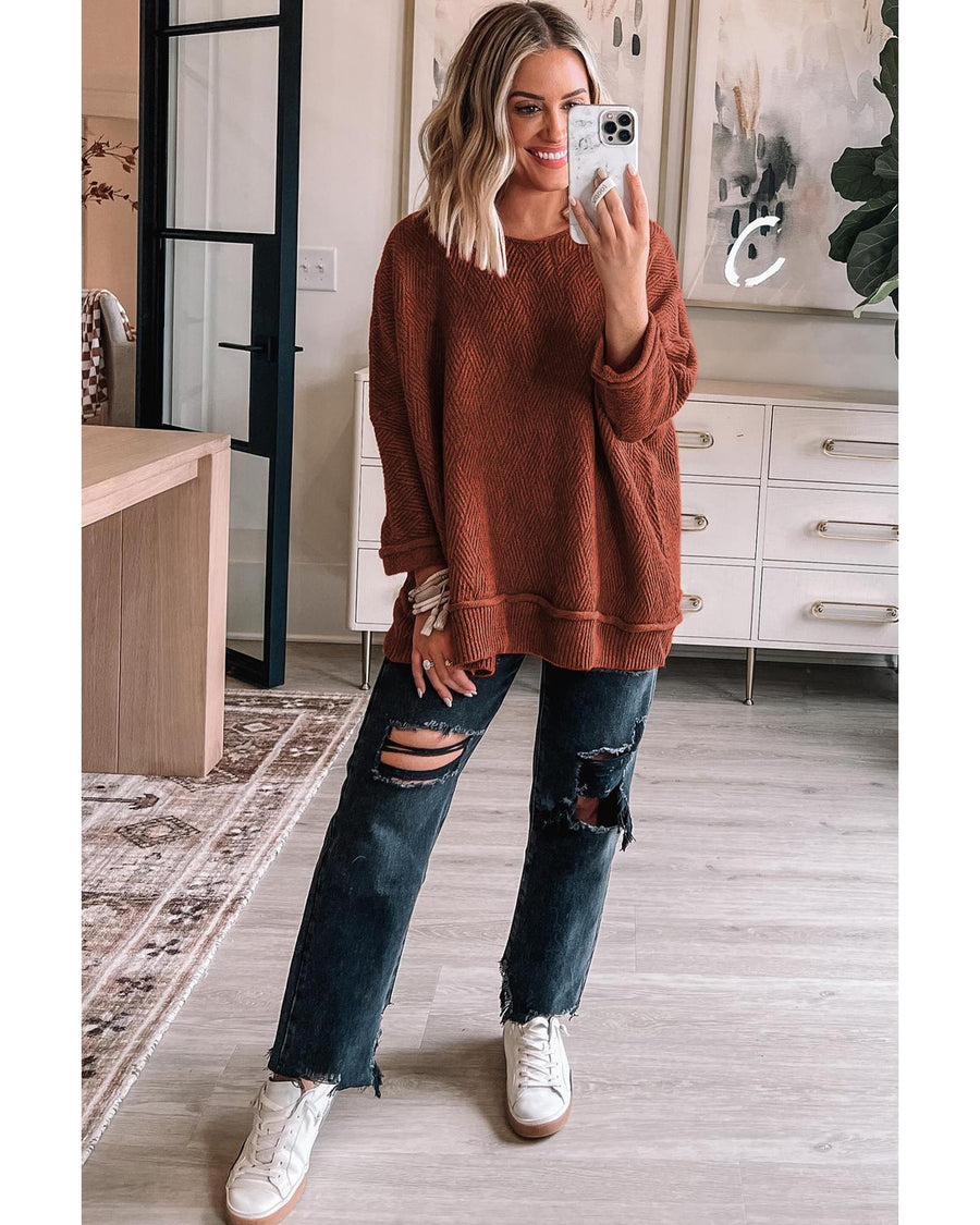 Gold Flame Solid Color Textured Crew Neck Loose Sweater - M