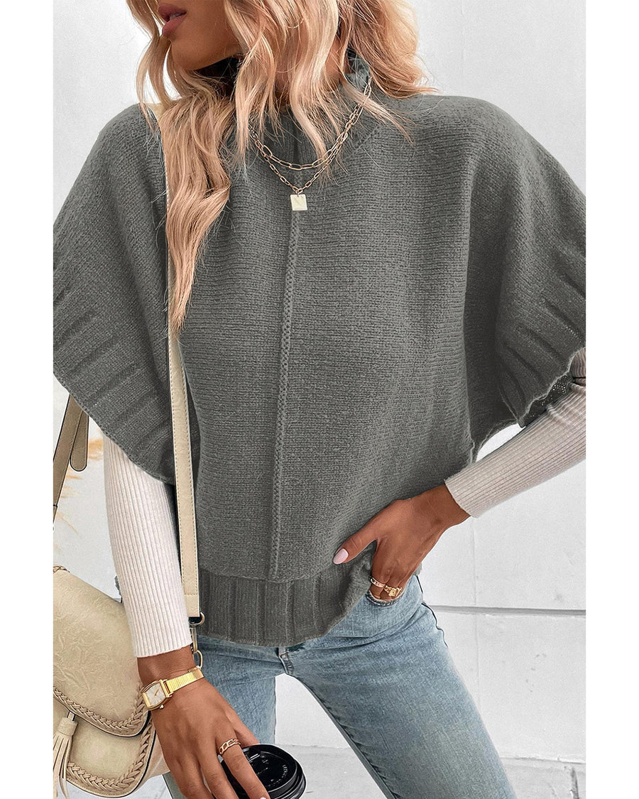Medium Grey Mock Neck Batwing Short Sleeve Knit Sweater - XL