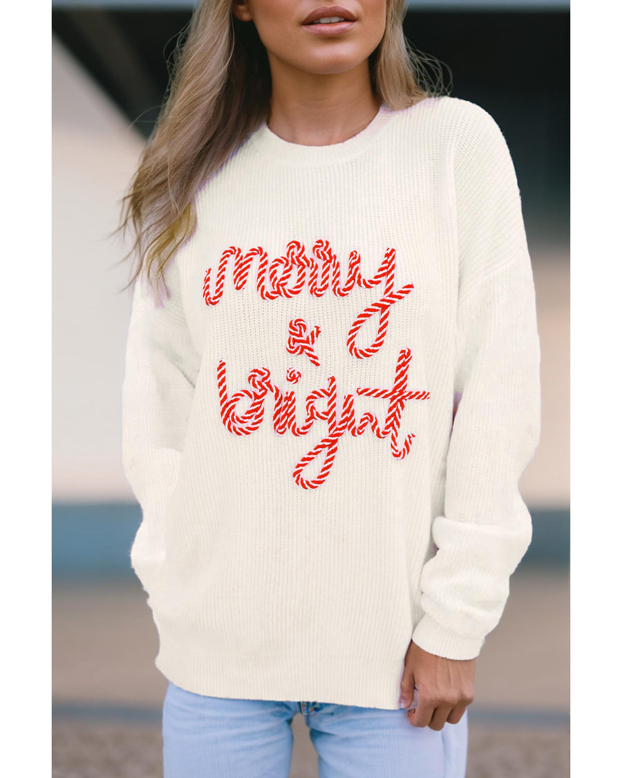 White Striped Merry Bright Letter Christmas Sweater - L