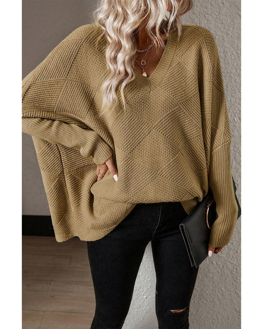 Camel Checkered Textured Batwing Sleeve Sweater - L