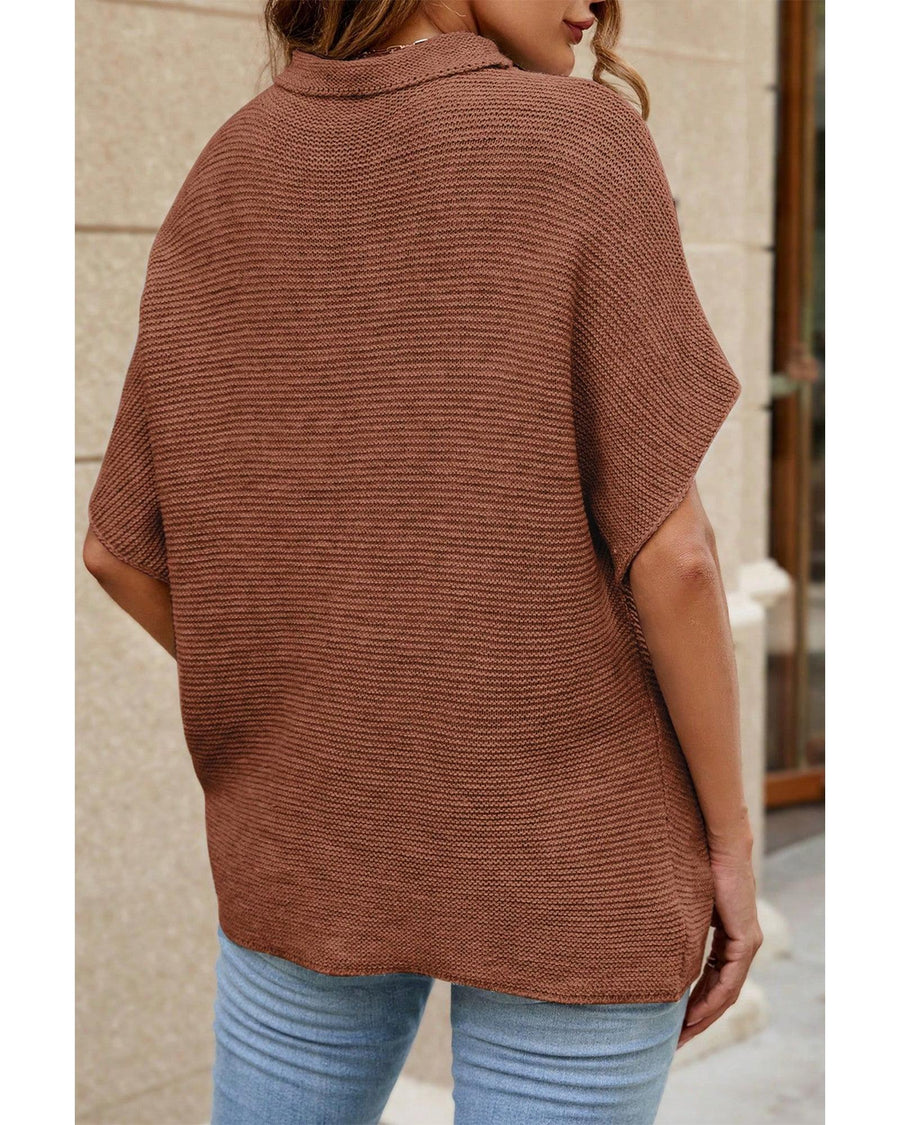 Coffee High Neck Short Bat Sleeve Sweater - L
