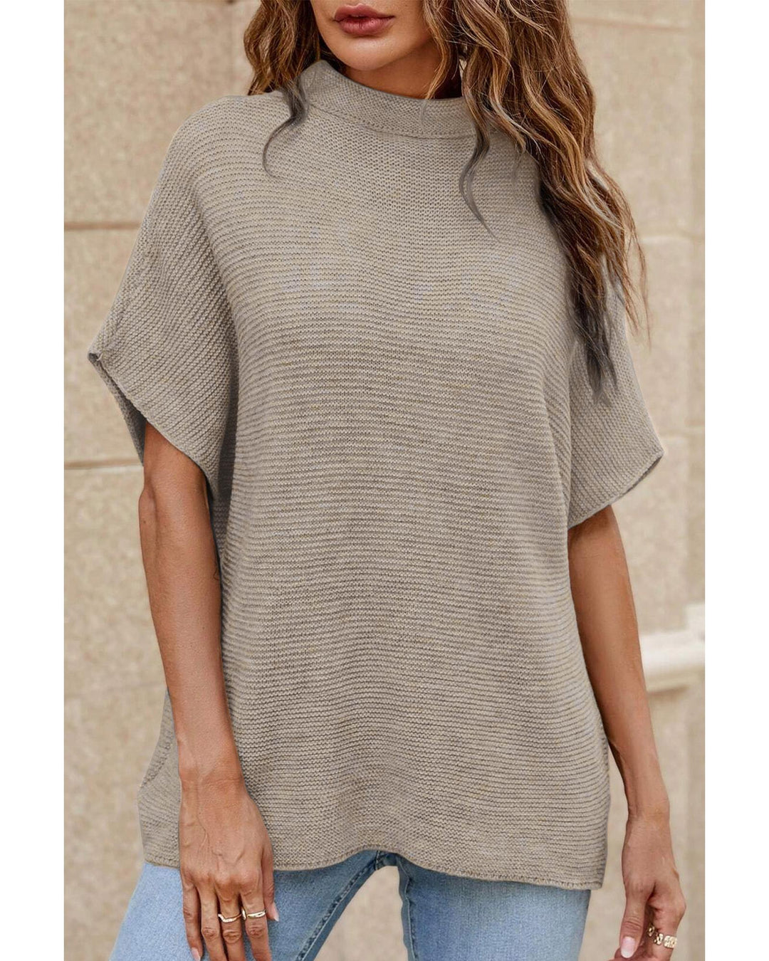 Apricot High Neck Short Bat Sleeve Sweater - S