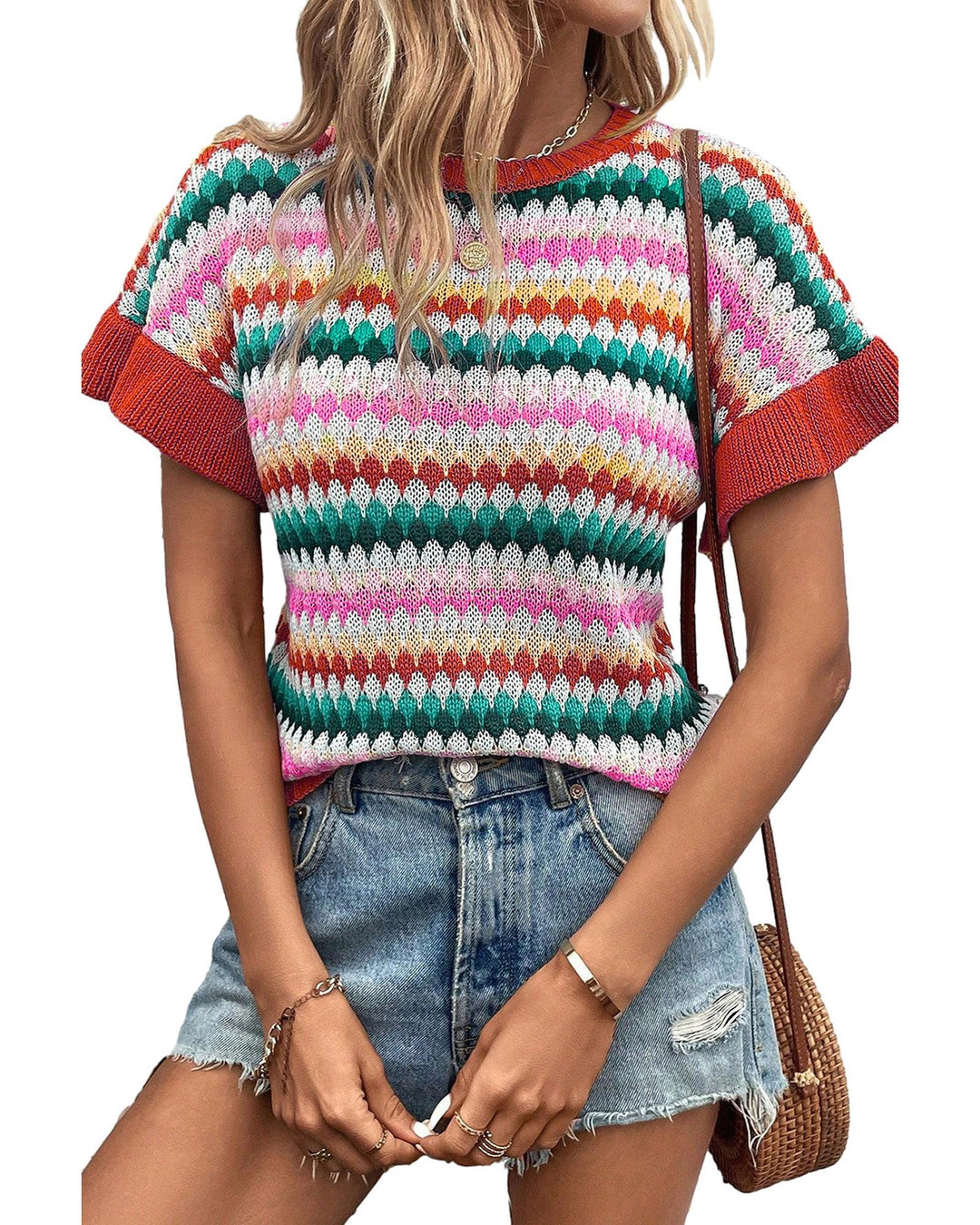 Fiery Red Trimmed Ruffle Sleeve Colorful Textured Sweater - S