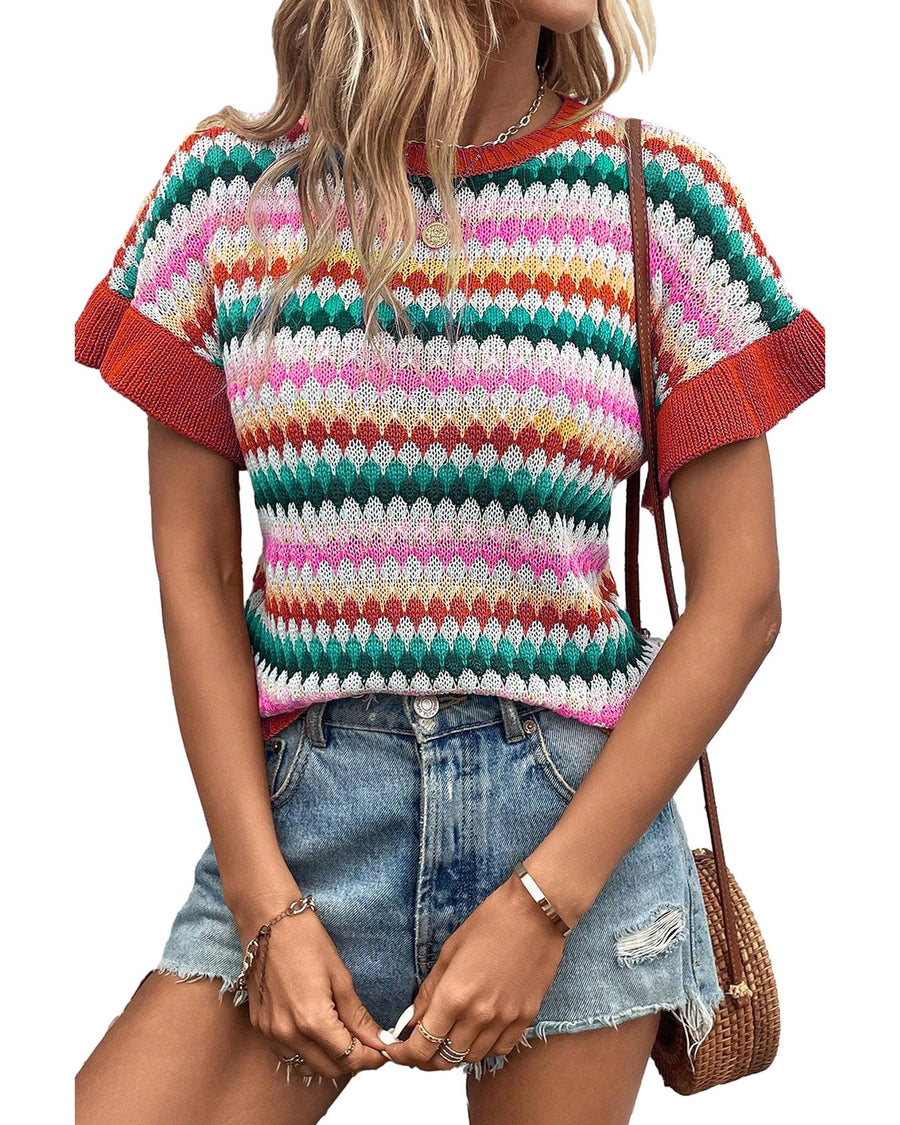 Fiery Red Trimmed Ruffle Sleeve Colorful Textured Sweater - S
