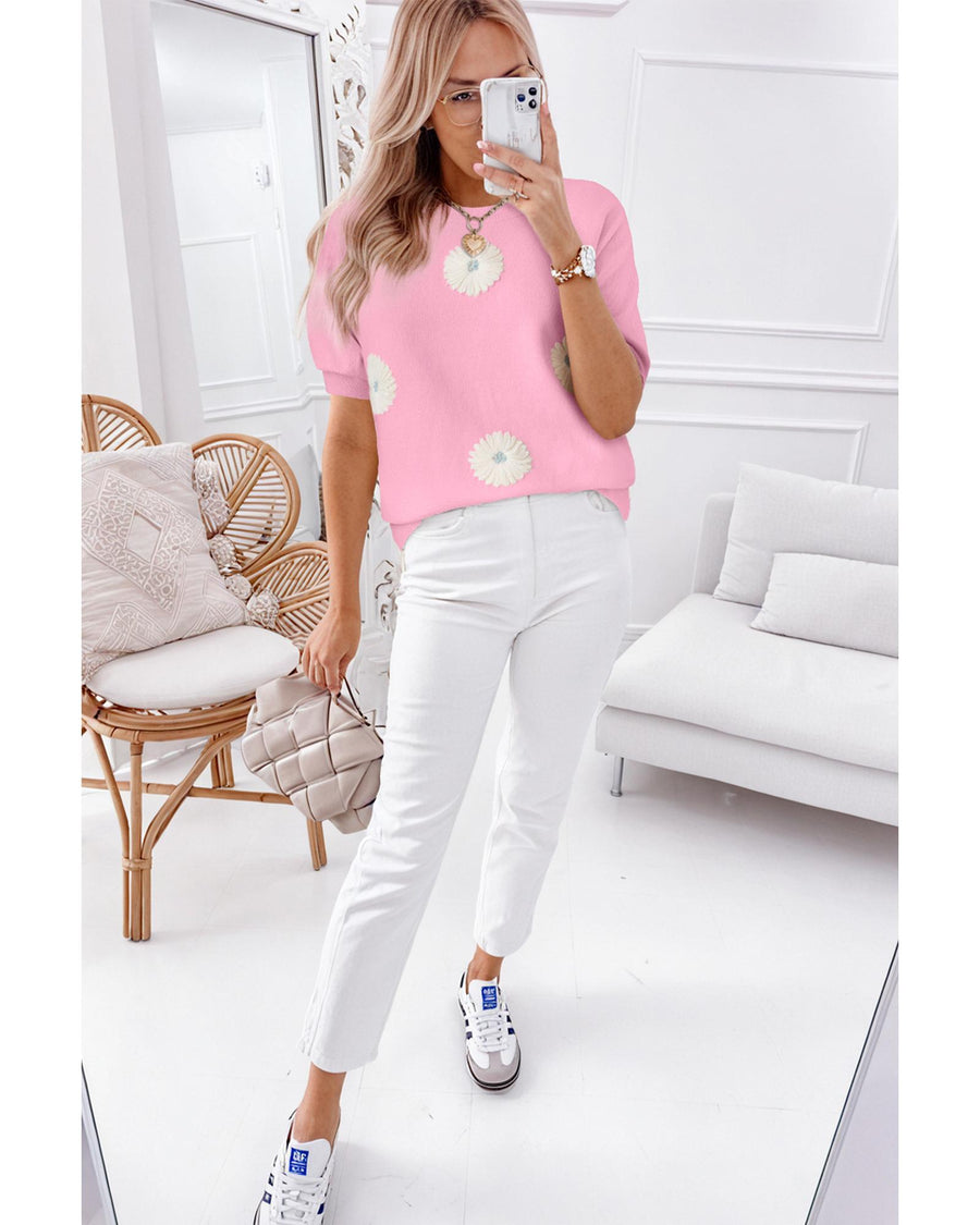 Pink Flower Pattern Short Sleeve Knitted Top - L