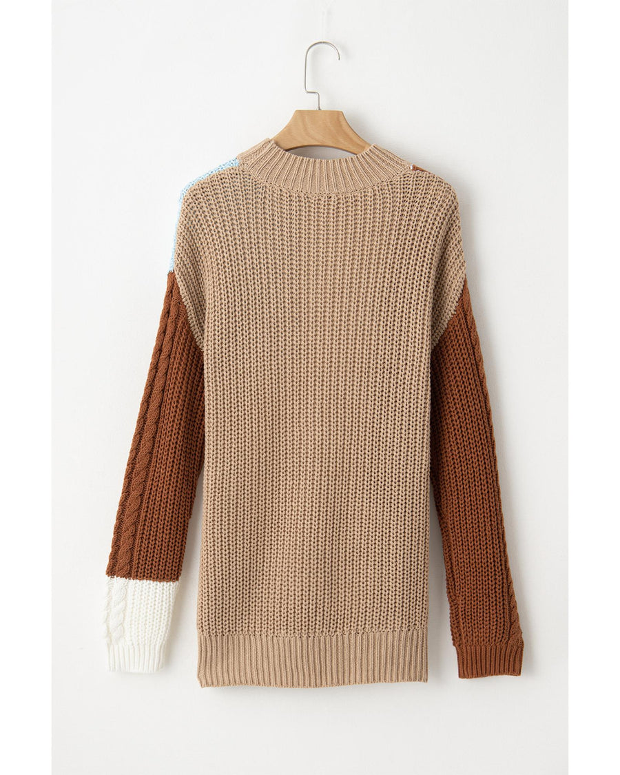 Khaki Mix Textured Knit Colorblock Patchwork Sweater - S