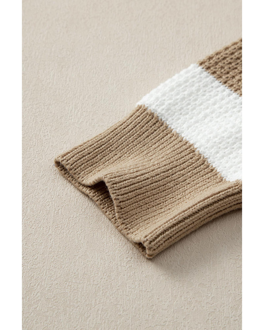 Light French Beige Colorblock Striped Drop Shoulder Side Slit Sweater - S