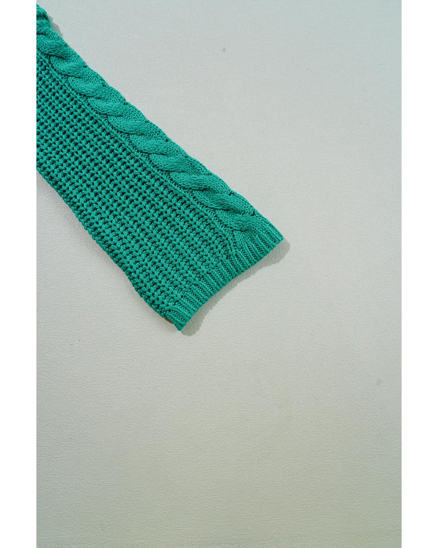 Sea Green Cable Knit V Neck Contrast Drawstring Hooded Sweater - M