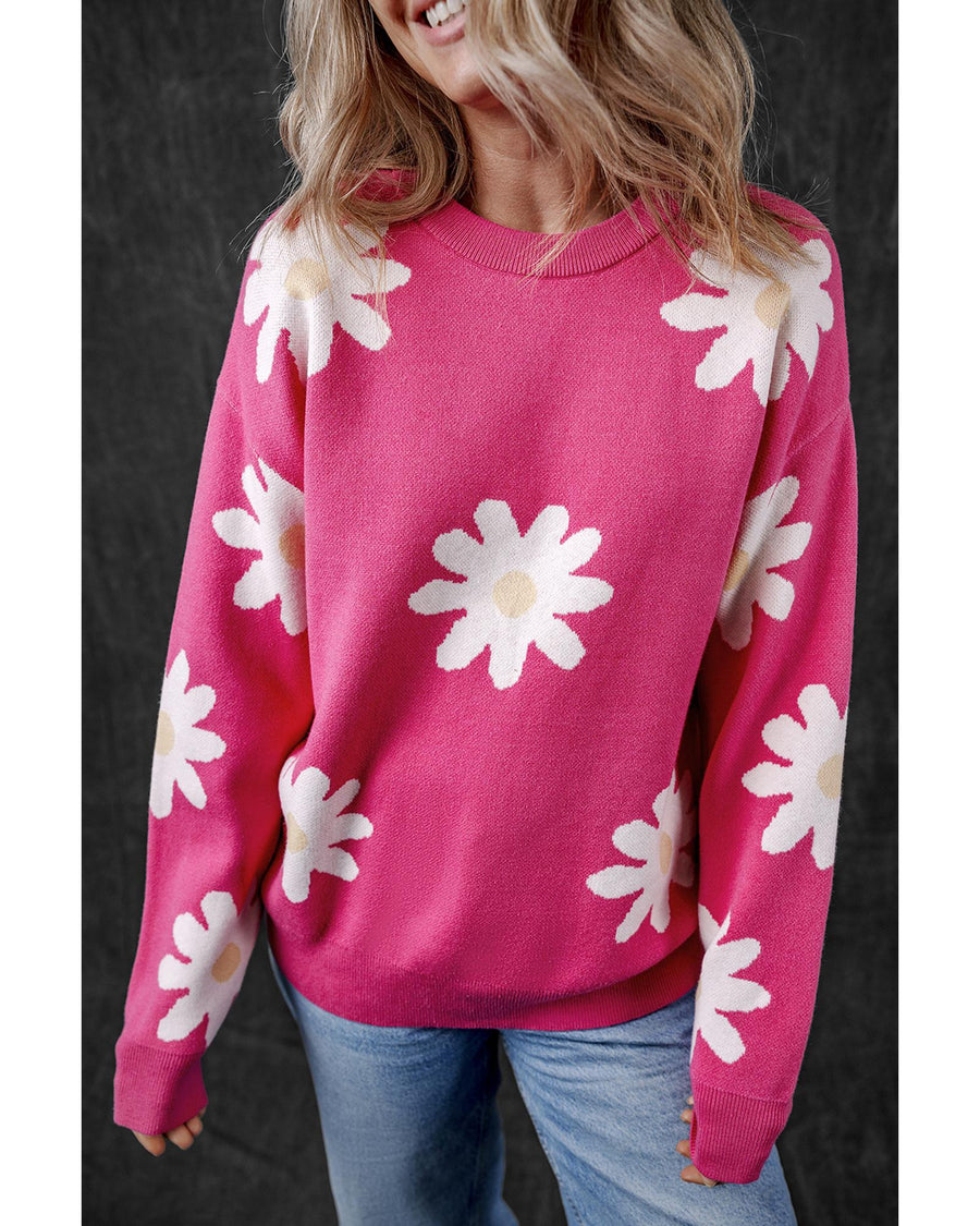 Bright Pink Daisy Flower Crew Neck Long Sleeve Sweater - L