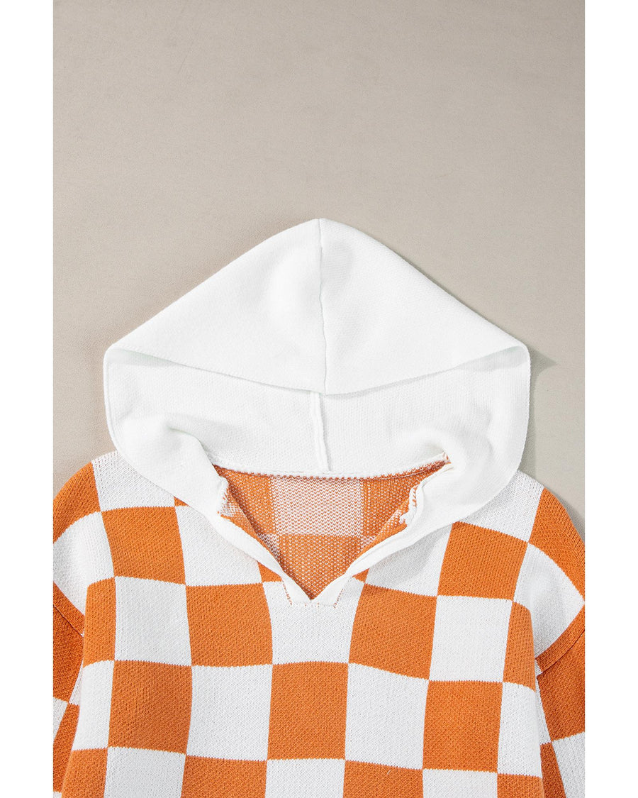 Gold Flame Checkered Split Neck Contrast Kangaroo Pocket Hooded Sweater - S
