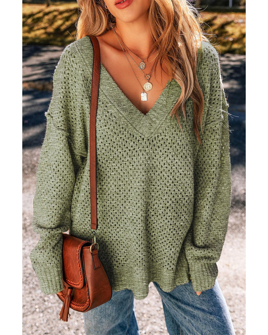Jungle Green Loose Eyelet V Neck Drop Shoulder Sweater - XL