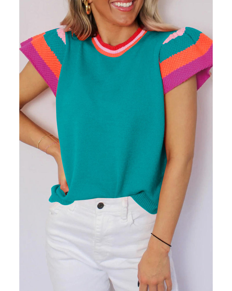 Turquoise Contrast Flutter Sleeves Knitted Sweater T Shirt - S