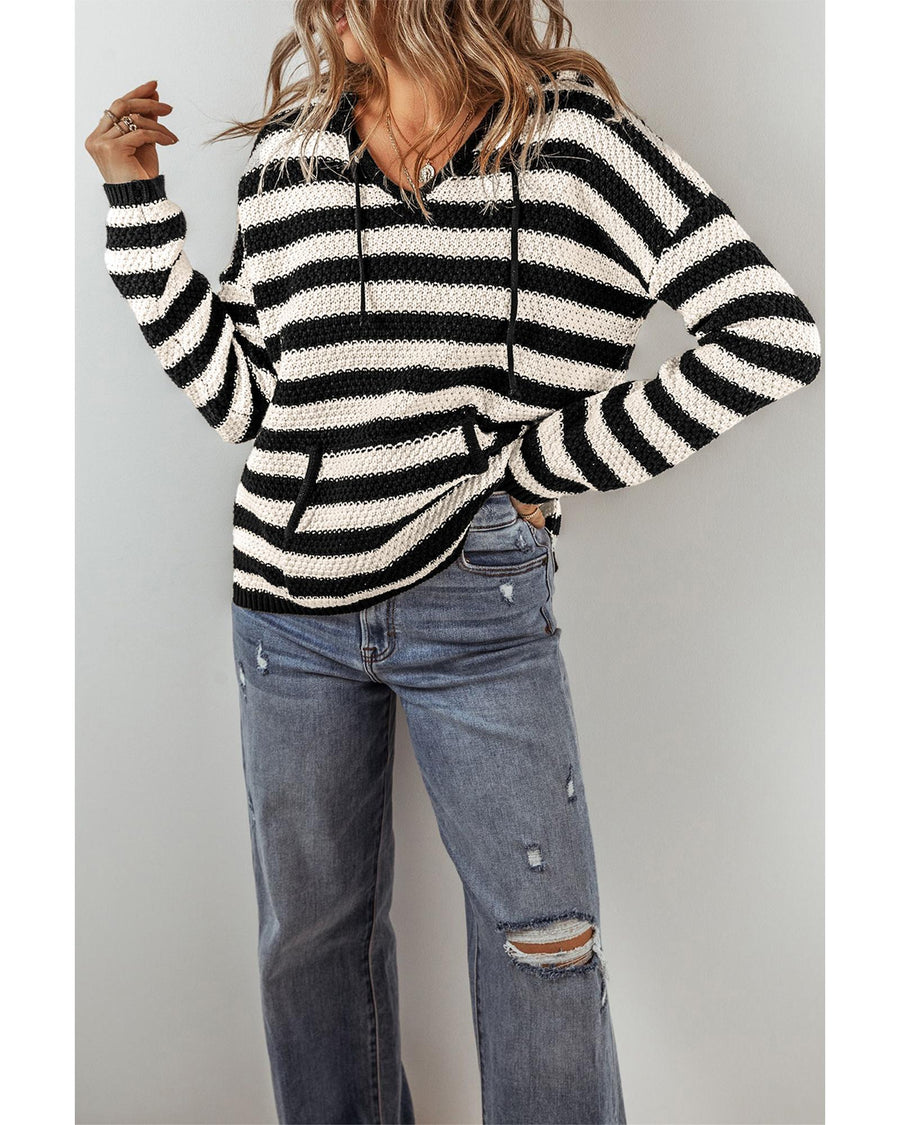 White Stripe V Neck Pocketed Drawstring Hooded Sweater - M