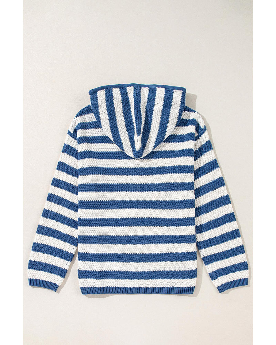 Blue Stripe V Neck Pocketed Drawstring Hooded Sweater - M