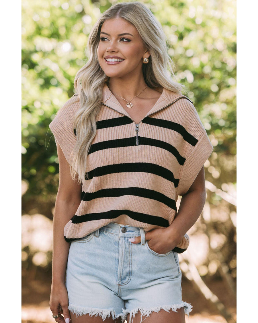 Khaki Stripe Zipped Collar Short Sleeve Sweater - L