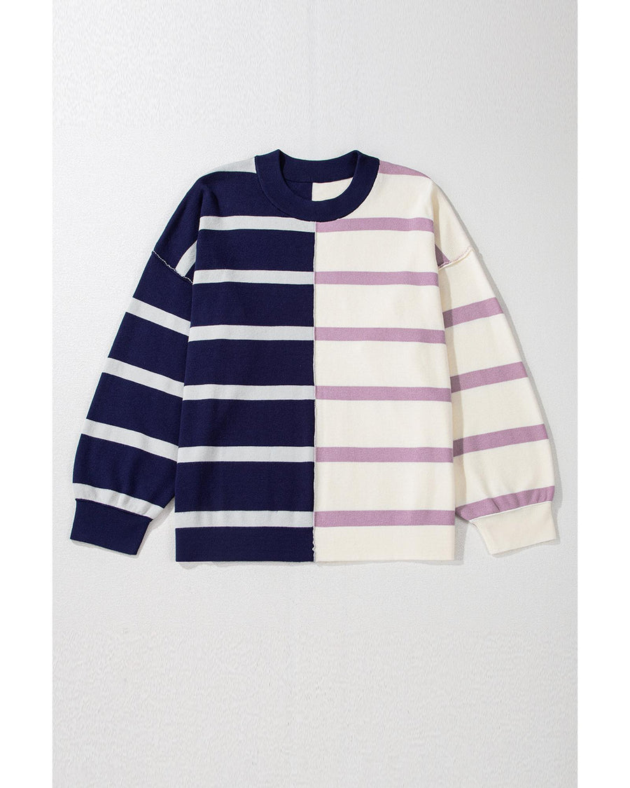 Blue Stripe Colorblock Oversized Sweater - L