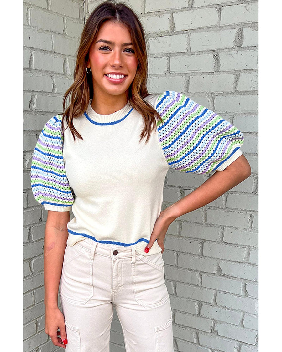 White Crochet Striped Bubble Sleeve Knit Sweater - M