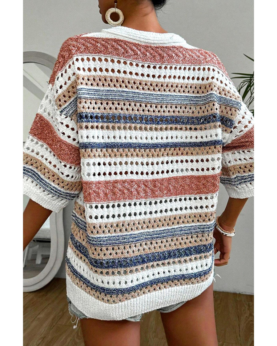 Multicolour Striped Hollow Out Half Sleeve Knitted Sweater - XL
