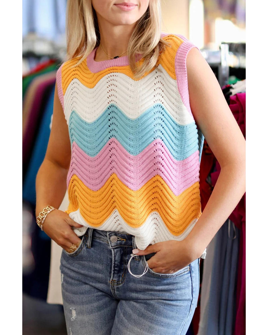 Multicolour Striped Colorblock Scalloped Hem Knitted Vest - S
