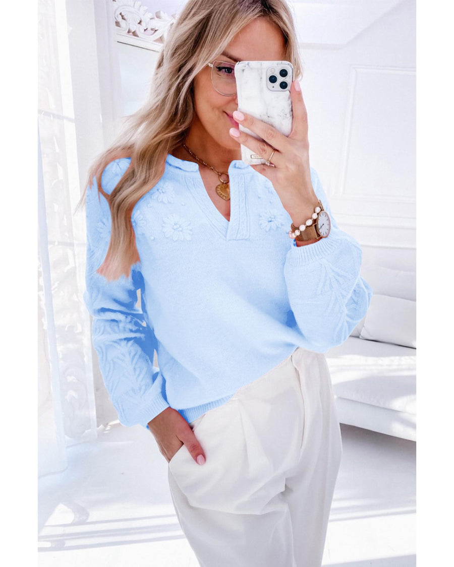 Beau Blue Flower Detail Knitted Notched Neck Sweater - XL
