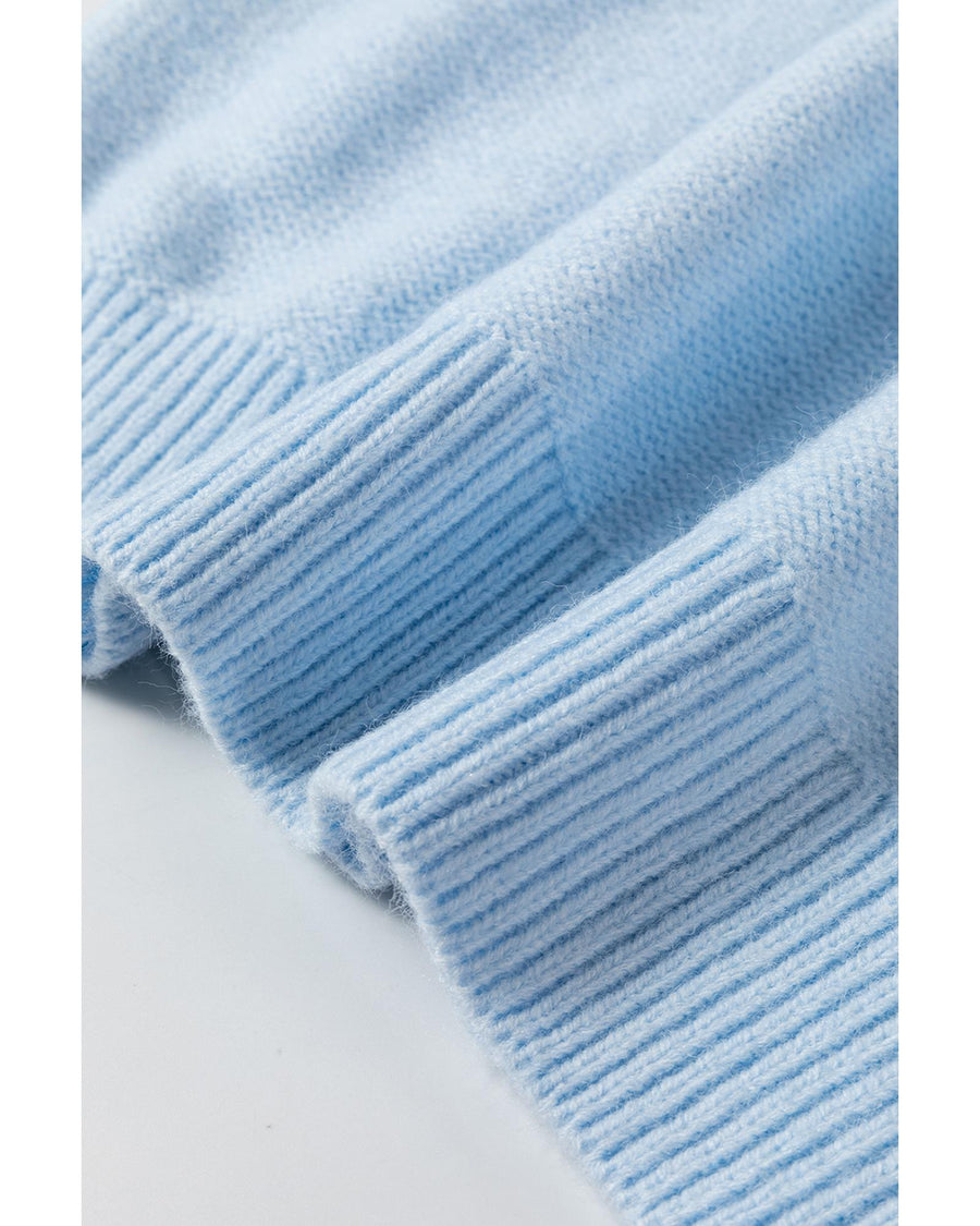 Light Blue Knitted Flower Pattern Ribbed Edge Sweater - S