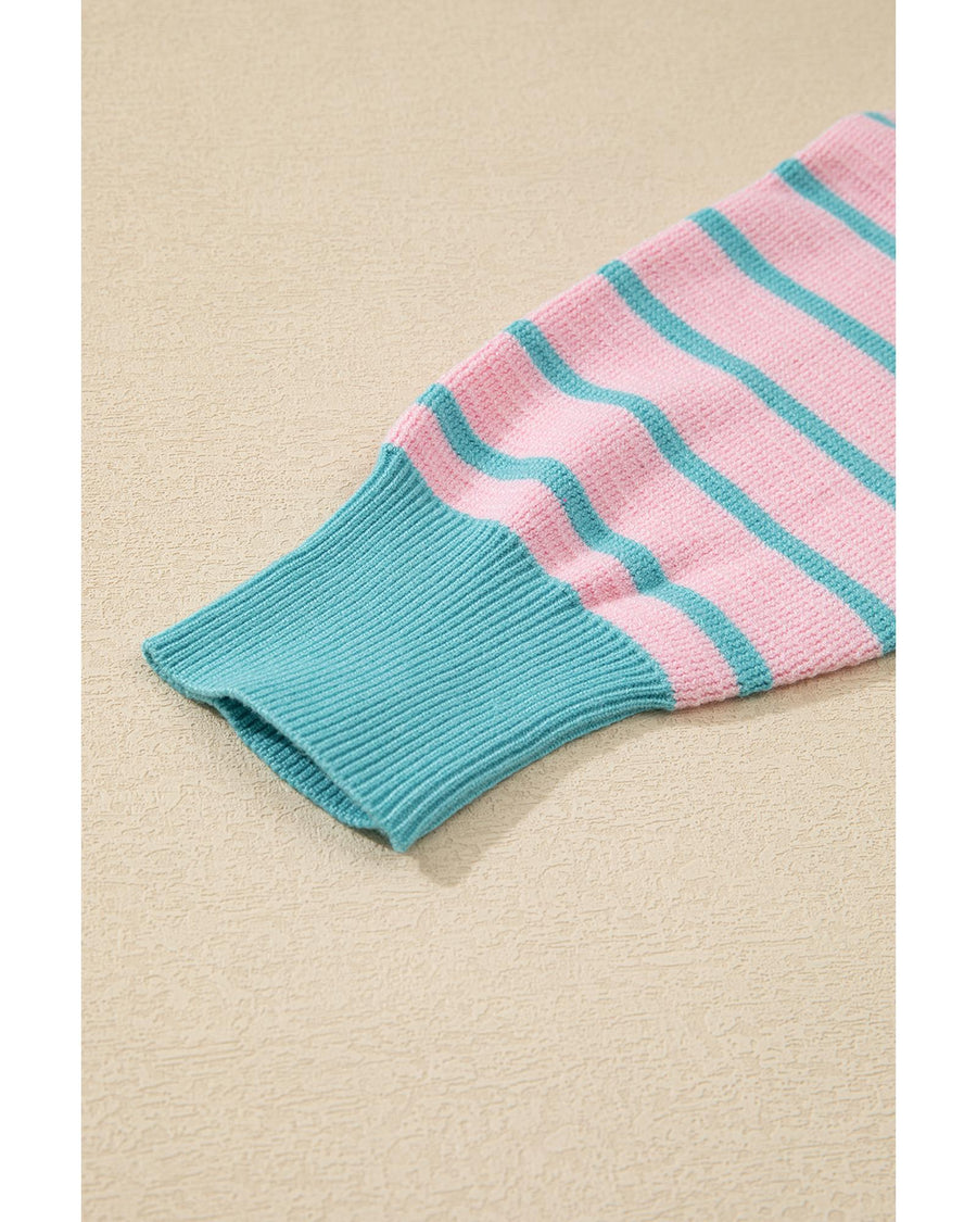 Pink Stripe Trimmed Round Neck Drop Shoulder Loose Sweater - XL