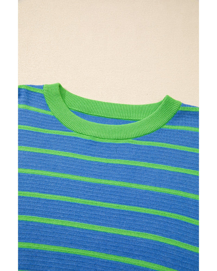 Sky Blue Stripe Trimmed Round Neck Drop Shoulder Loose Sweater - S