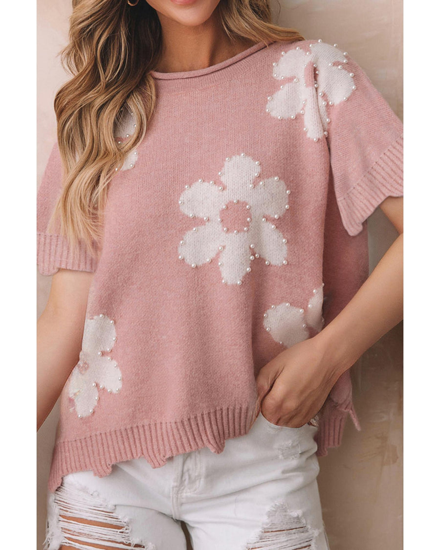 Light Pink Pearled Flower Distressed Edge Sweater T Shirt - L
