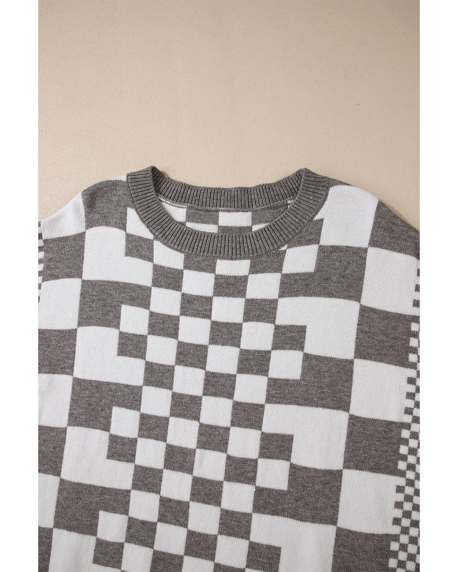 Gray Checkered Print Drop Shoulder Round Neck Sweater - XL