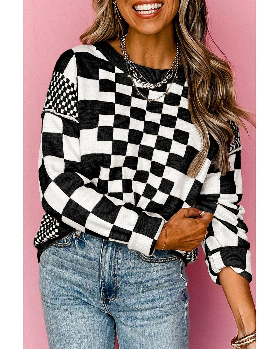 Black Checkered Print Drop Shoulder Round Neck Sweater - XL