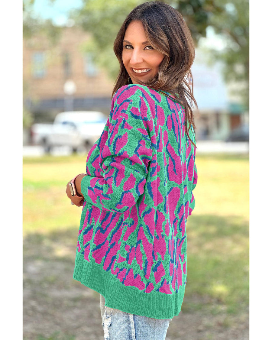 Green Abstract Print Ribbed Trim Baggy Sweater - L