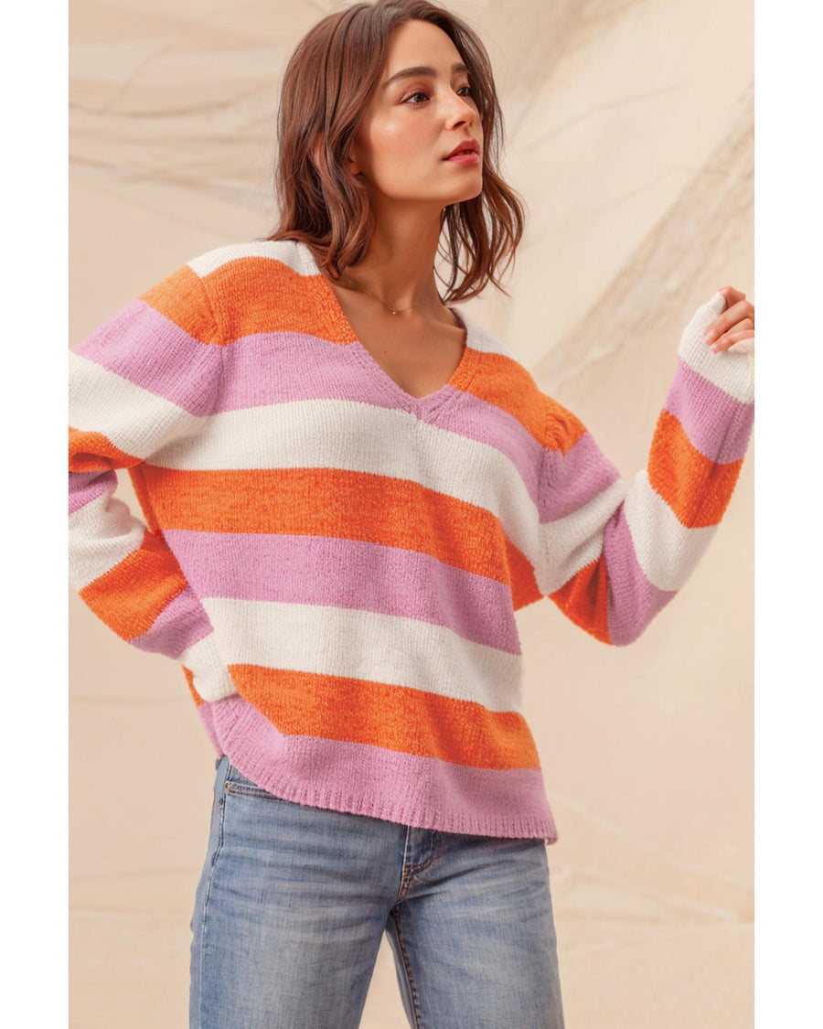Orange Stripe Colorblock V Neck Casual Sweater - XL