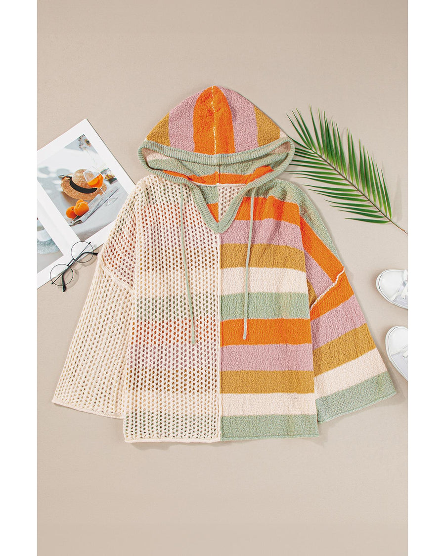 Beige Oversized Colorblock V Neck Hooded Sweater - XL