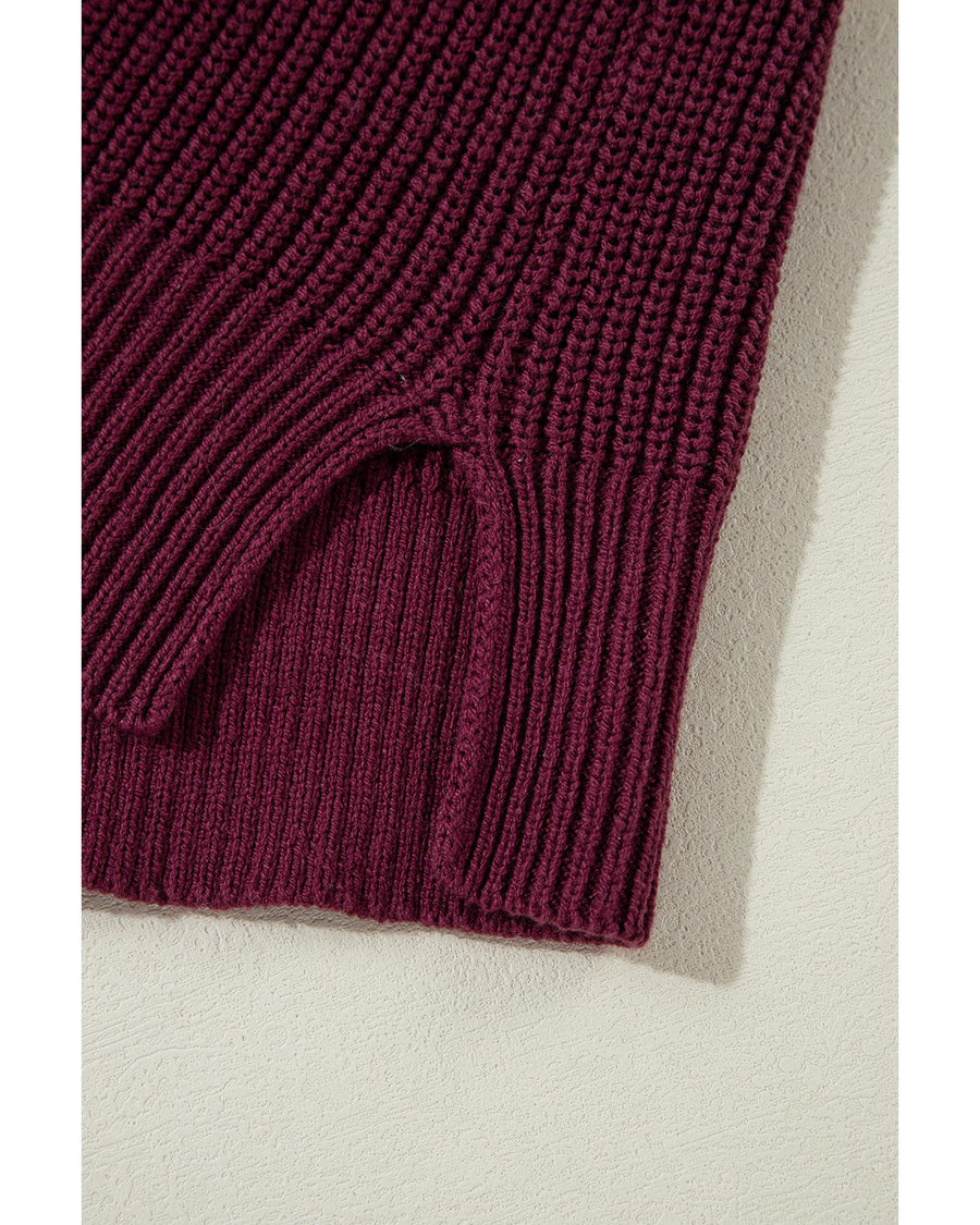 Green Color Block Striped Buttoned Shoulder Split Sweater - M