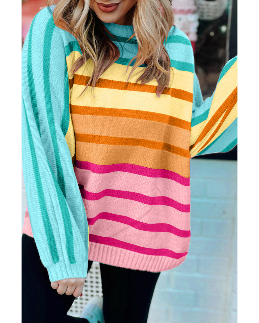 Yellow Stripe Gradient Striped Ribbed Edge Loose Sweater - L