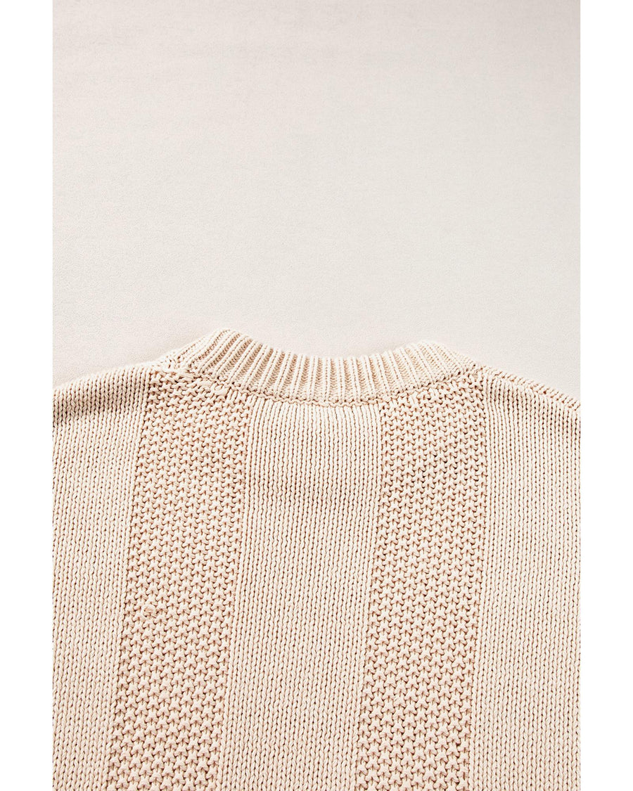 Pale Khaki Solid Color Cable Knit Ribbed Loose Sweater - M