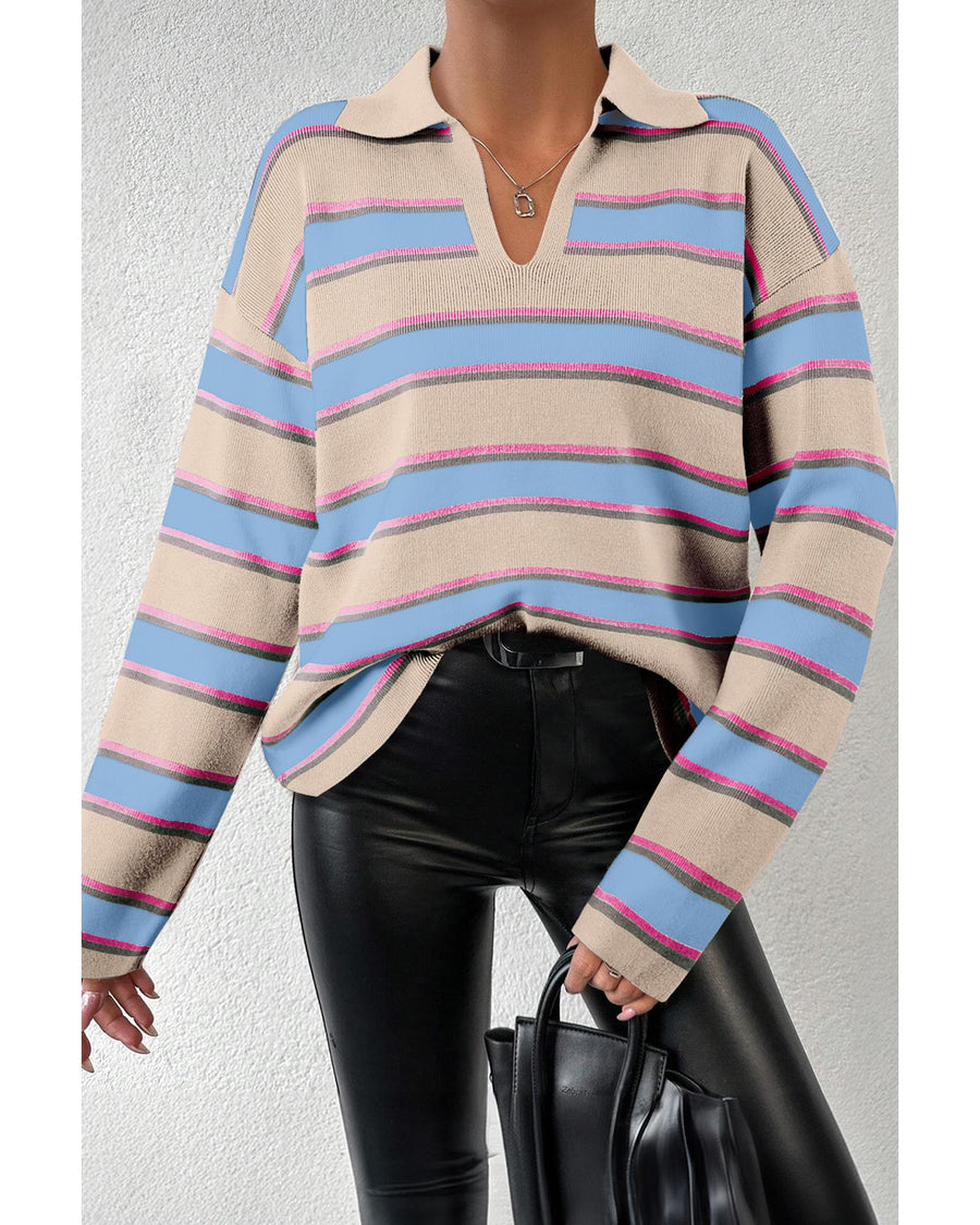 Apricot Stripe Collared V Neck Drop Shoulder Loose Sweater - XL